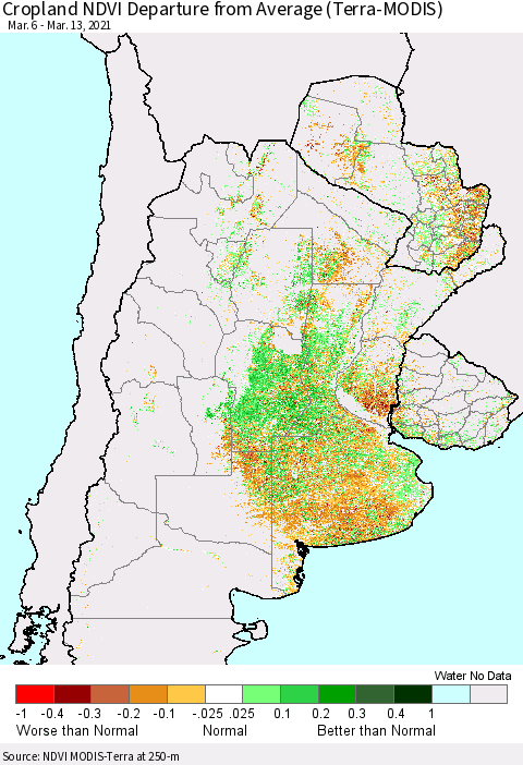 Southern South America Cropland NDVI Departure from Average (Terra-MODIS) Thematic Map For 3/6/2021 - 3/13/2021