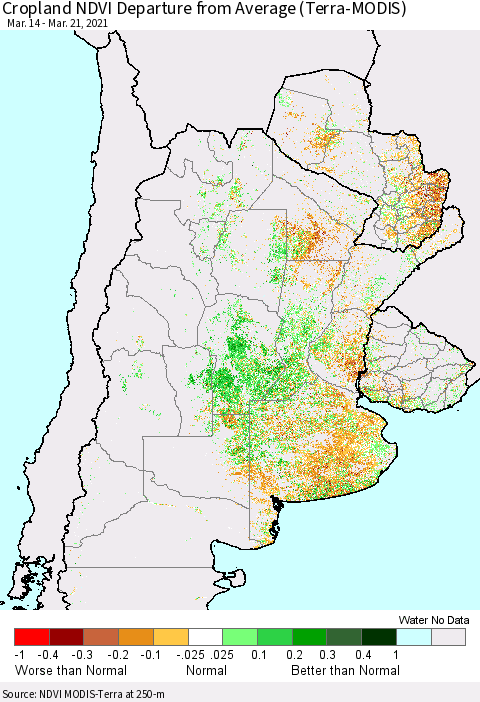 Southern South America Cropland NDVI Departure from Average (Terra-MODIS) Thematic Map For 3/14/2021 - 3/21/2021