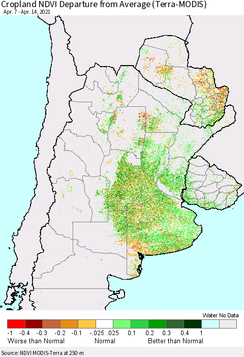 Southern South America Cropland NDVI Departure from Average (Terra-MODIS) Thematic Map For 4/7/2021 - 4/14/2021