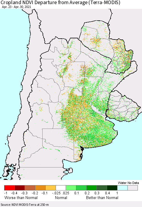 Southern South America Cropland NDVI Departure from Average (Terra-MODIS) Thematic Map For 4/23/2021 - 4/30/2021