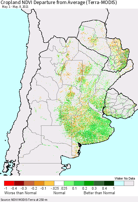 Southern South America Cropland NDVI Departure from Average (Terra-MODIS) Thematic Map For 5/1/2021 - 5/8/2021