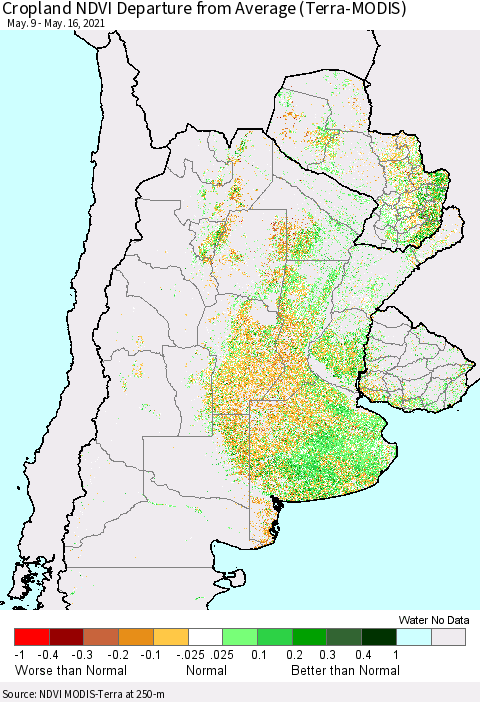 Southern South America Cropland NDVI Departure from Average (Terra-MODIS) Thematic Map For 5/9/2021 - 5/16/2021