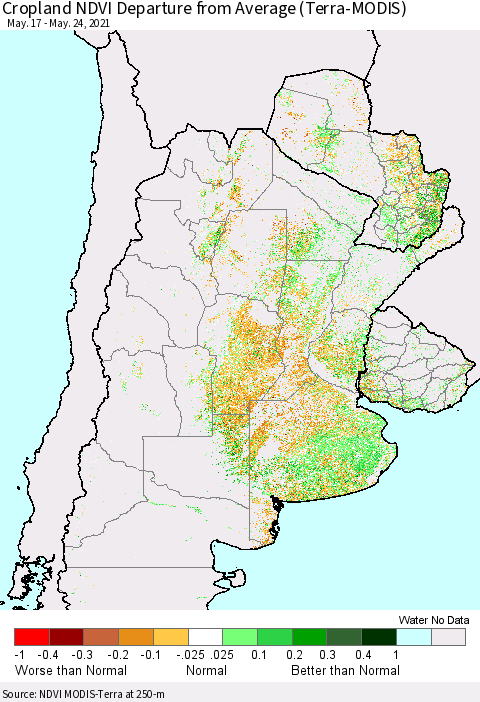 Southern South America Cropland NDVI Departure from Average (Terra-MODIS) Thematic Map For 5/17/2021 - 5/24/2021