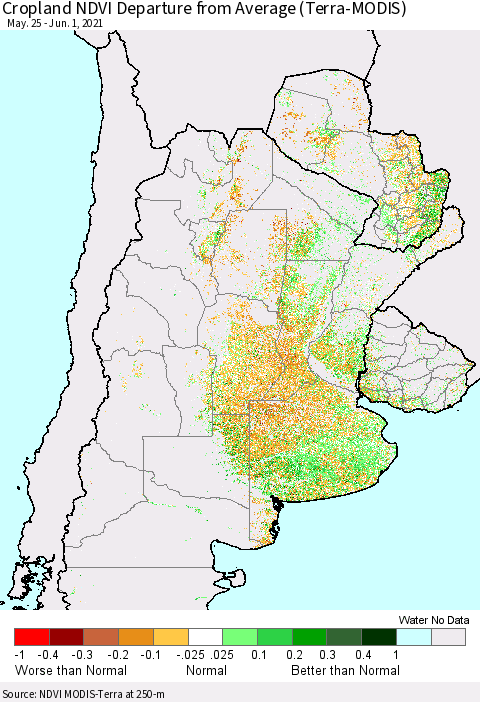 Southern South America Cropland NDVI Departure from Average (Terra-MODIS) Thematic Map For 5/25/2021 - 6/1/2021