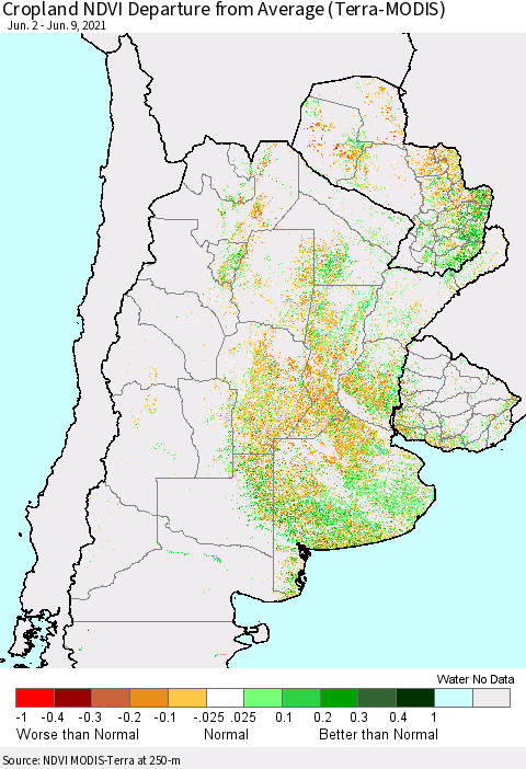 Southern South America Cropland NDVI Departure from Average (Terra-MODIS) Thematic Map For 6/2/2021 - 6/9/2021