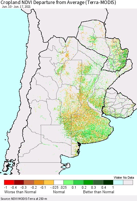 Southern South America Cropland NDVI Departure from Average (Terra-MODIS) Thematic Map For 6/10/2021 - 6/17/2021