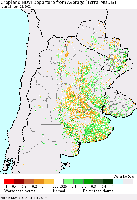 Southern South America Cropland NDVI Departure from Average (Terra-MODIS) Thematic Map For 6/18/2021 - 6/25/2021