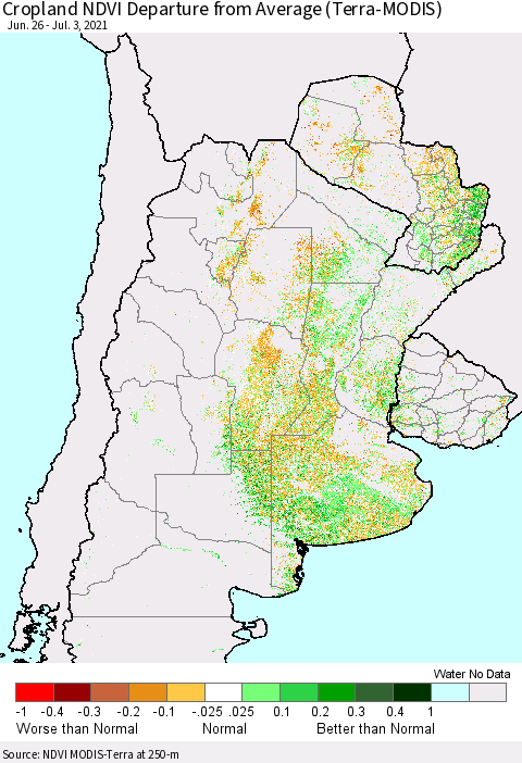 Southern South America Cropland NDVI Departure from Average (Terra-MODIS) Thematic Map For 6/26/2021 - 7/3/2021
