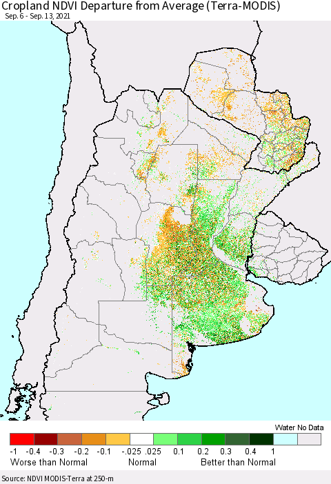 Southern South America Cropland NDVI Departure from Average (Terra-MODIS) Thematic Map For 9/6/2021 - 9/13/2021