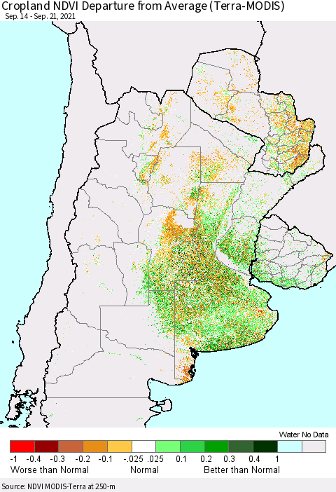 Southern South America Cropland NDVI Departure from Average (Terra-MODIS) Thematic Map For 9/14/2021 - 9/21/2021