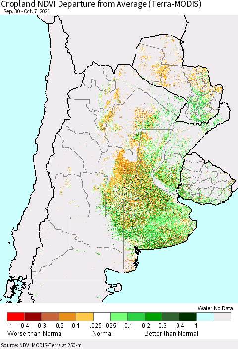 Southern South America Cropland NDVI Departure from Average (Terra-MODIS) Thematic Map For 9/30/2021 - 10/7/2021