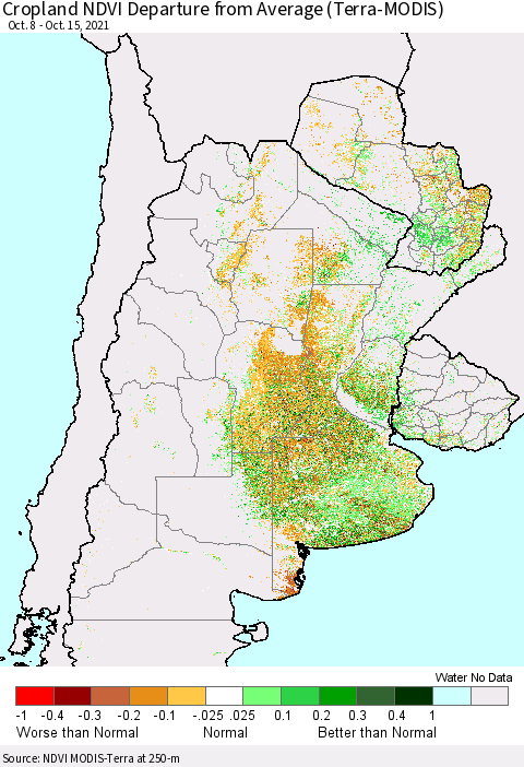 Southern South America Cropland NDVI Departure from Average (Terra-MODIS) Thematic Map For 10/8/2021 - 10/15/2021