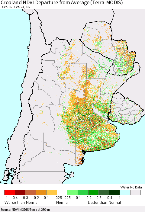 Southern South America Cropland NDVI Departure from Average (Terra-MODIS) Thematic Map For 10/16/2021 - 10/23/2021