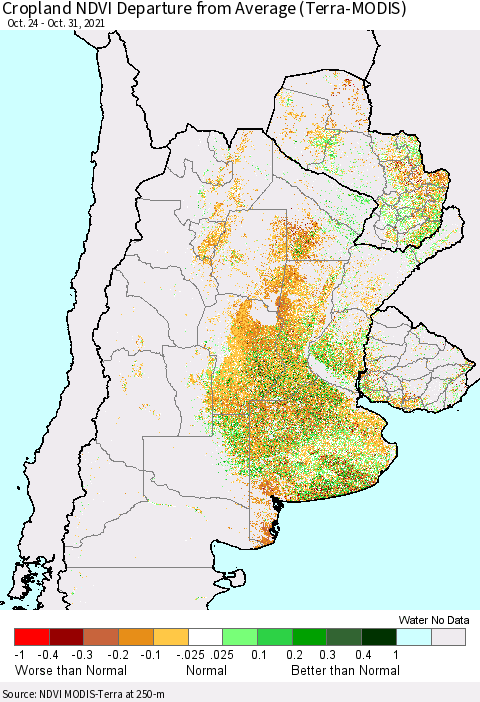 Southern South America Cropland NDVI Departure from Average (Terra-MODIS) Thematic Map For 10/24/2021 - 10/31/2021