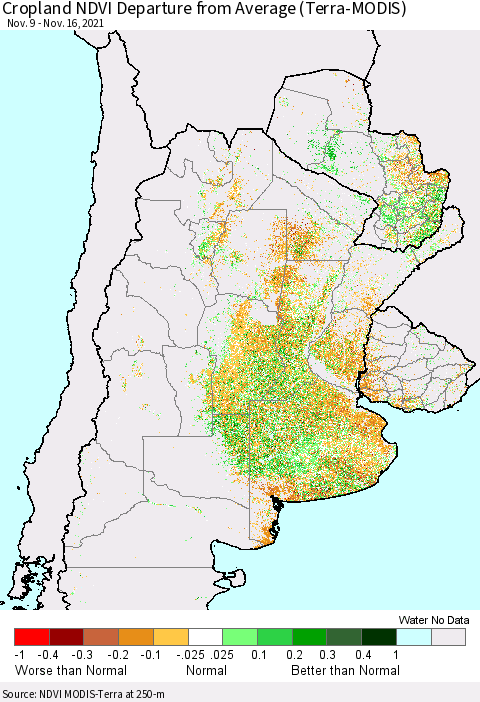 Southern South America Cropland NDVI Departure from Average (Terra-MODIS) Thematic Map For 11/9/2021 - 11/16/2021