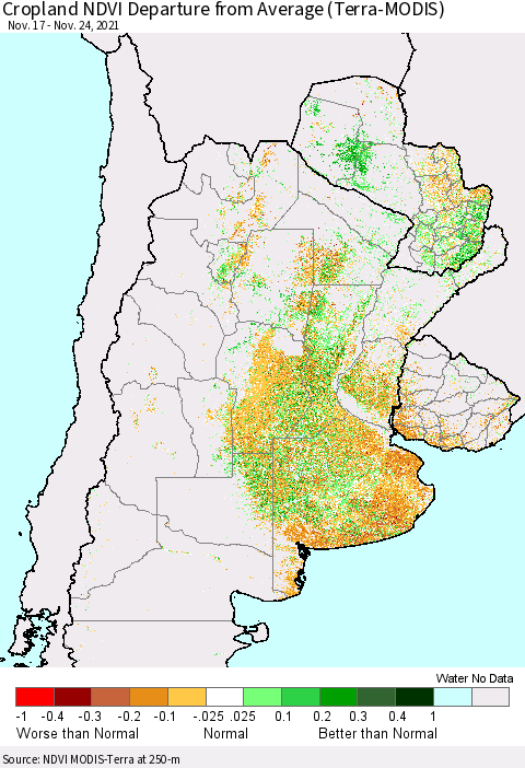 Southern South America Cropland NDVI Departure from Average (Terra-MODIS) Thematic Map For 11/17/2021 - 11/24/2021