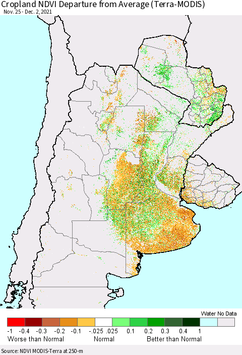Southern South America Cropland NDVI Departure from Average (Terra-MODIS) Thematic Map For 11/25/2021 - 12/2/2021