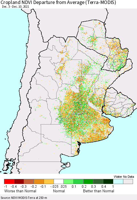 Southern South America Cropland NDVI Departure from Average (Terra-MODIS) Thematic Map For 12/3/2021 - 12/10/2021