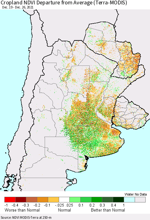 Southern South America Cropland NDVI Departure from Average (Terra-MODIS) Thematic Map For 12/19/2021 - 12/26/2021