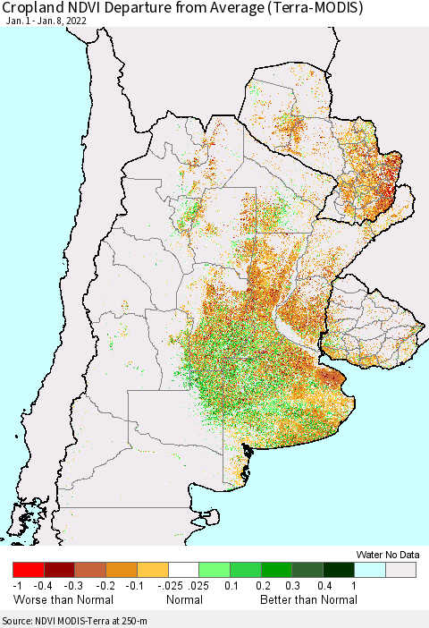 Southern South America Cropland NDVI Departure from Average (Terra-MODIS) Thematic Map For 1/1/2022 - 1/8/2022