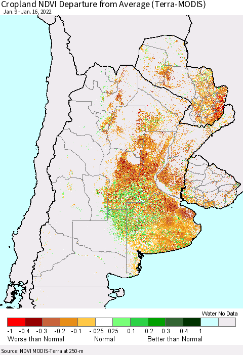 Southern South America Cropland NDVI Departure from Average (Terra-MODIS) Thematic Map For 1/9/2022 - 1/16/2022