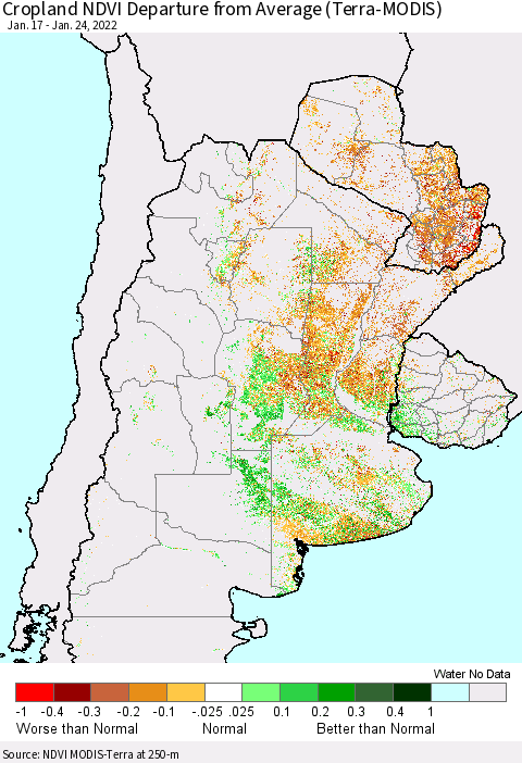 Southern South America Cropland NDVI Departure from Average (Terra-MODIS) Thematic Map For 1/17/2022 - 1/24/2022