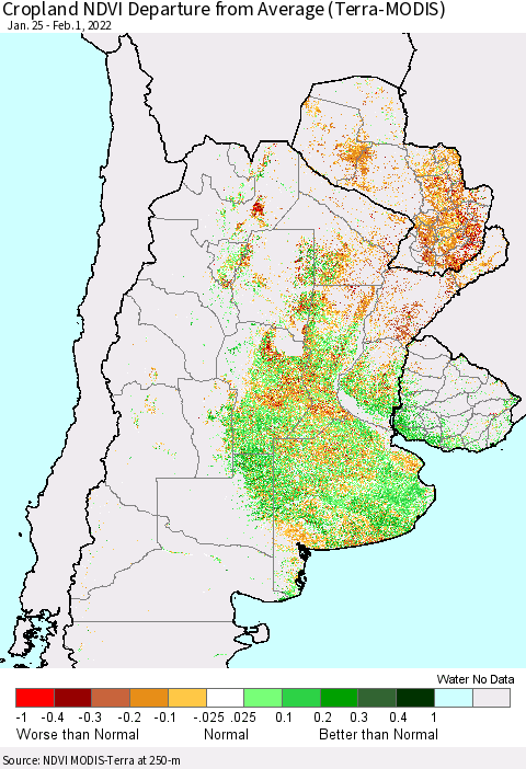 Southern South America Cropland NDVI Departure from Average (Terra-MODIS) Thematic Map For 1/25/2022 - 2/1/2022