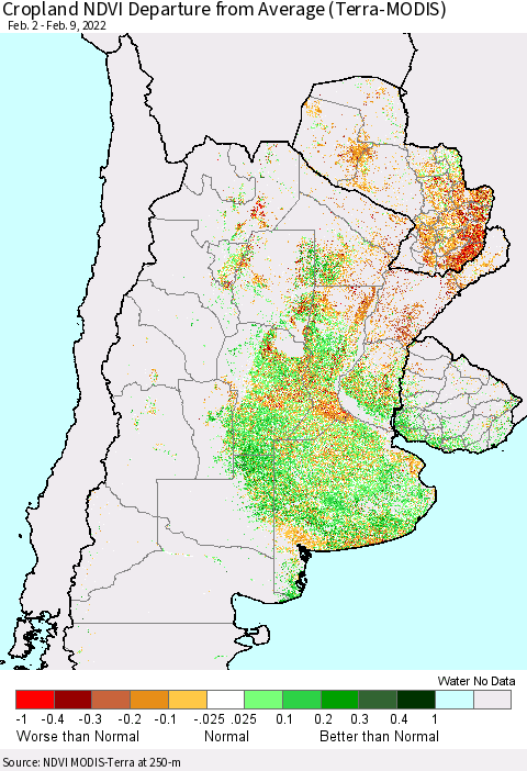 Southern South America Cropland NDVI Departure from Average (Terra-MODIS) Thematic Map For 2/2/2022 - 2/9/2022