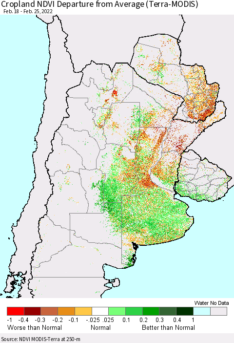 Southern South America Cropland NDVI Departure from Average (Terra-MODIS) Thematic Map For 2/18/2022 - 2/25/2022
