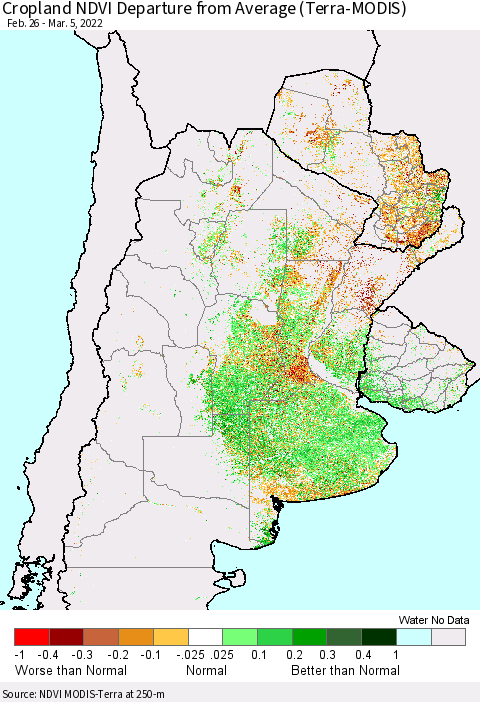 Southern South America Cropland NDVI Departure from Average (Terra-MODIS) Thematic Map For 2/26/2022 - 3/5/2022