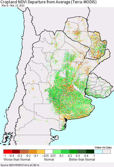 Southern South America Cropland NDVI Departure from Average (Terra-MODIS) Thematic Map For 3/6/2022 - 3/13/2022