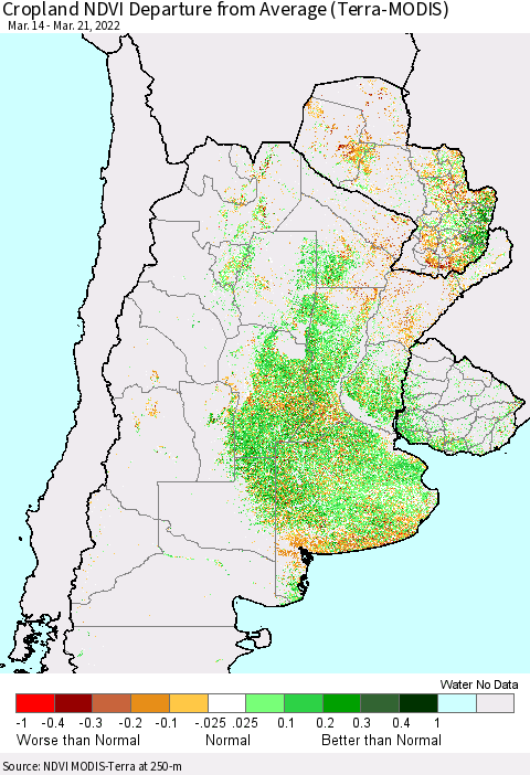 Southern South America Cropland NDVI Departure from Average (Terra-MODIS) Thematic Map For 3/14/2022 - 3/21/2022