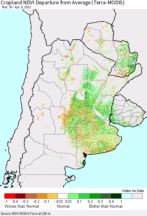 Southern South America Cropland NDVI Departure from Average (Terra-MODIS) Thematic Map For 3/30/2022 - 4/6/2022