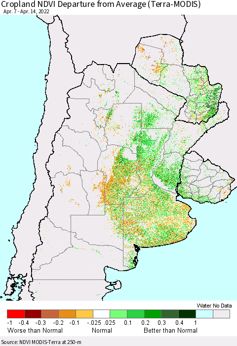Southern South America Cropland NDVI Departure from Average (Terra-MODIS) Thematic Map For 4/7/2022 - 4/14/2022