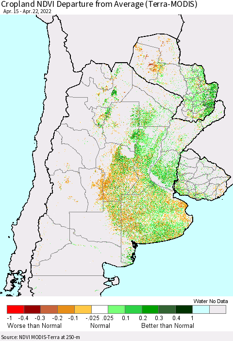 Southern South America Cropland NDVI Departure from Average (Terra-MODIS) Thematic Map For 4/15/2022 - 4/22/2022
