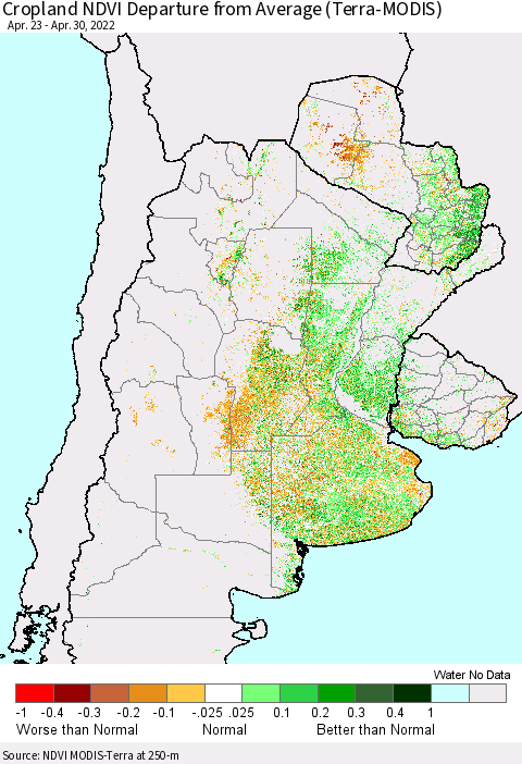 Southern South America Cropland NDVI Departure from Average (Terra-MODIS) Thematic Map For 4/23/2022 - 4/30/2022