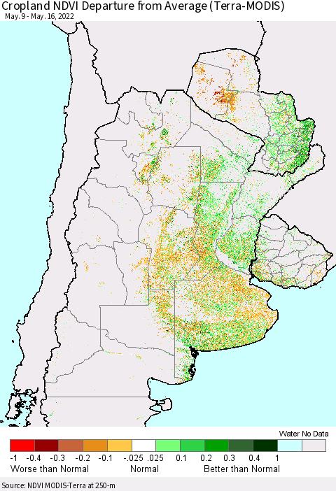 Southern South America Cropland NDVI Departure from Average (Terra-MODIS) Thematic Map For 5/9/2022 - 5/16/2022