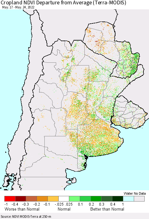 Southern South America Cropland NDVI Departure from Average (Terra-MODIS) Thematic Map For 5/17/2022 - 5/24/2022