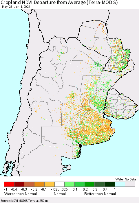 Southern South America Cropland NDVI Departure from Average (Terra-MODIS) Thematic Map For 5/25/2022 - 6/1/2022