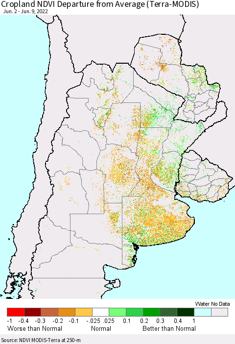 Southern South America Cropland NDVI Departure from Average (Terra-MODIS) Thematic Map For 6/2/2022 - 6/9/2022