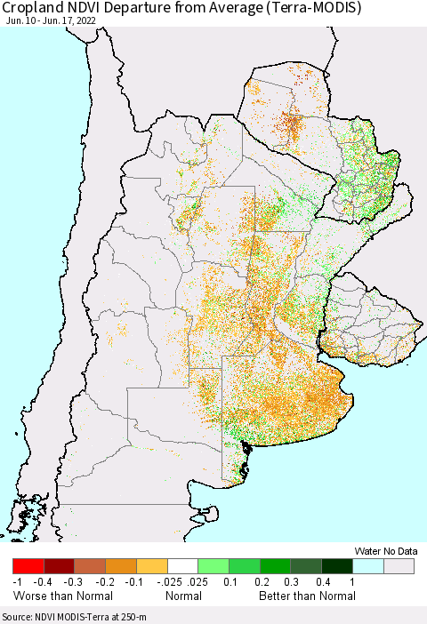 Southern South America Cropland NDVI Departure from Average (Terra-MODIS) Thematic Map For 6/10/2022 - 6/17/2022