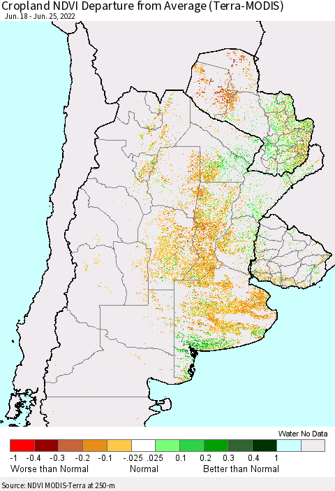 Southern South America Cropland NDVI Departure from Average (Terra-MODIS) Thematic Map For 6/18/2022 - 6/25/2022