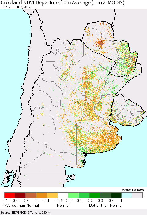 Southern South America Cropland NDVI Departure from Average (Terra-MODIS) Thematic Map For 6/26/2022 - 7/3/2022