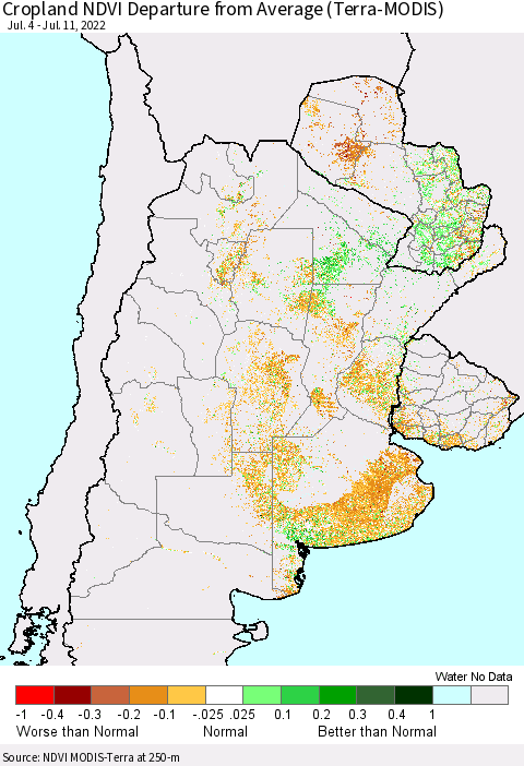 Southern South America Cropland NDVI Departure from Average (Terra-MODIS) Thematic Map For 7/4/2022 - 7/11/2022