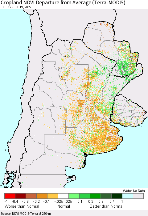 Southern South America Cropland NDVI Departure from Average (Terra-MODIS) Thematic Map For 7/12/2022 - 7/19/2022