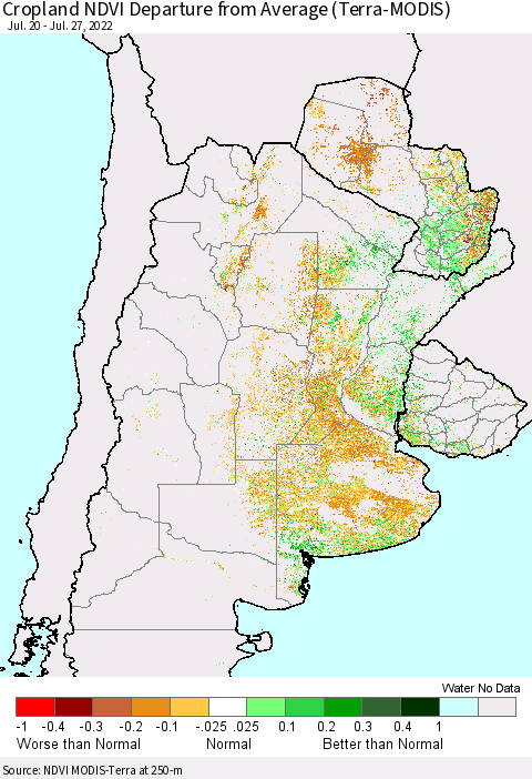 Southern South America Cropland NDVI Departure from Average (Terra-MODIS) Thematic Map For 7/20/2022 - 7/27/2022
