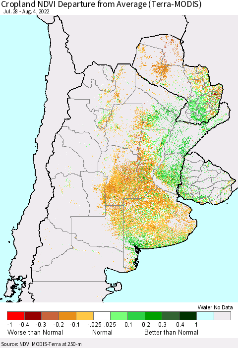 Southern South America Cropland NDVI Departure from Average (Terra-MODIS) Thematic Map For 7/28/2022 - 8/4/2022