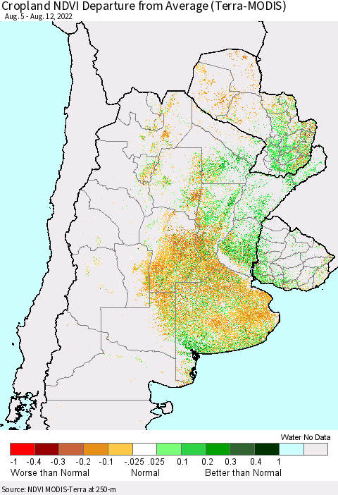 Southern South America Cropland NDVI Departure from Average (Terra-MODIS) Thematic Map For 8/5/2022 - 8/12/2022