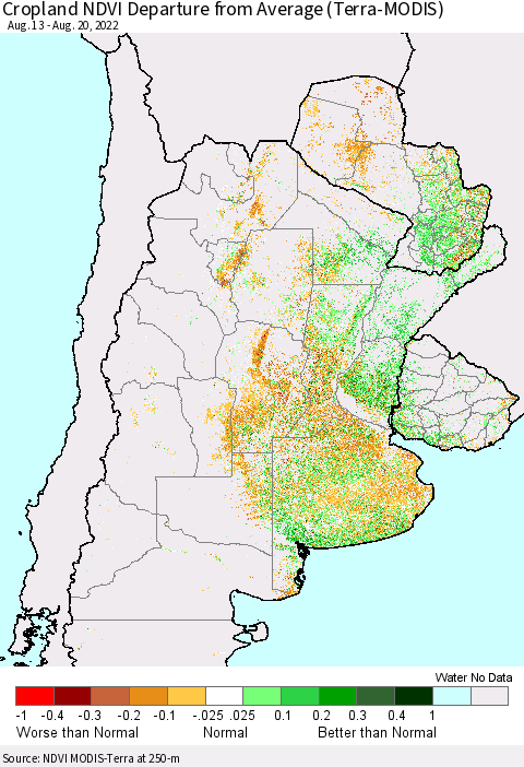 Southern South America Cropland NDVI Departure from Average (Terra-MODIS) Thematic Map For 8/13/2022 - 8/20/2022