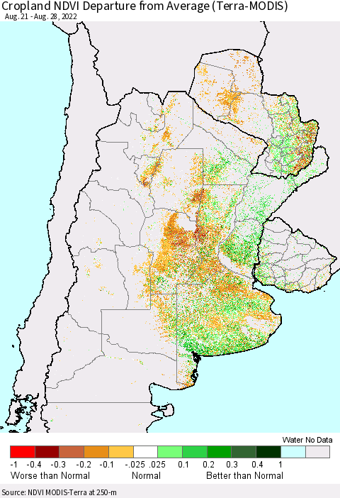 Southern South America Cropland NDVI Departure from Average (Terra-MODIS) Thematic Map For 8/21/2022 - 8/28/2022